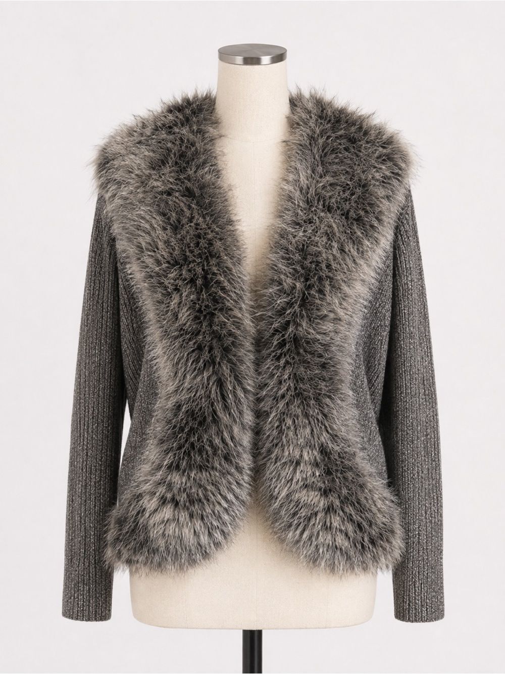 Lisa International Faux Fur Trim Knit Sweater Jacket Y2K Retro Brown Gray XL